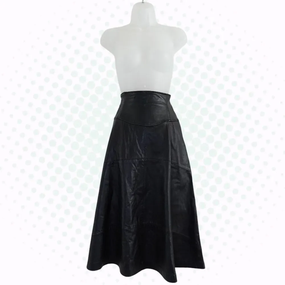 Vintage West Bay Saks Fifth Avenue Black 100% Lambskin Leather Maxi Skirt Size 4